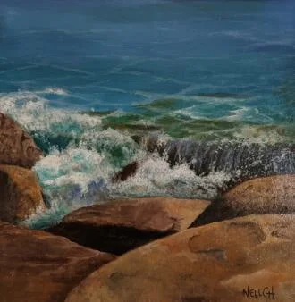 A painting of waves breaking over rocks, from the class with Janelle Gibbon-Heath