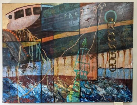 A mixed media painting of a weathered boat, by class teacher Kate Belton