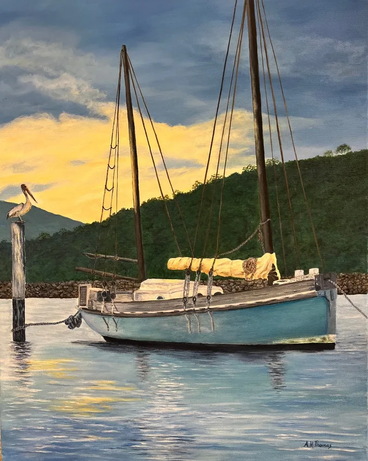 Anchored on the Hawkesbury, an acrylic work by Ann Thomas