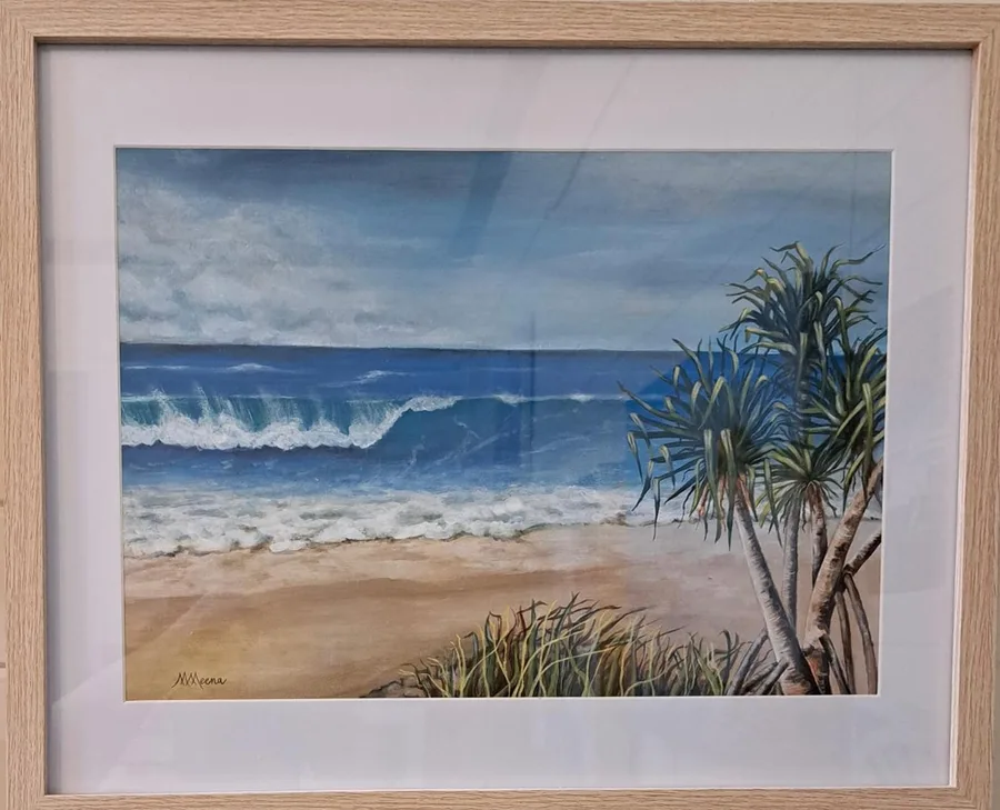 Beach Haven, a framed acrylic beach scene by Margaret Meena