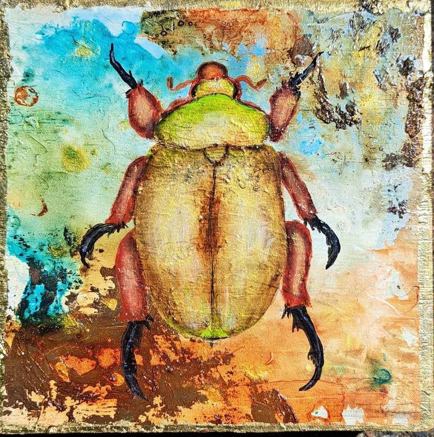Christmas Beetle, acrylic and gold leaf by Kate Belton, from the Gold Block Series