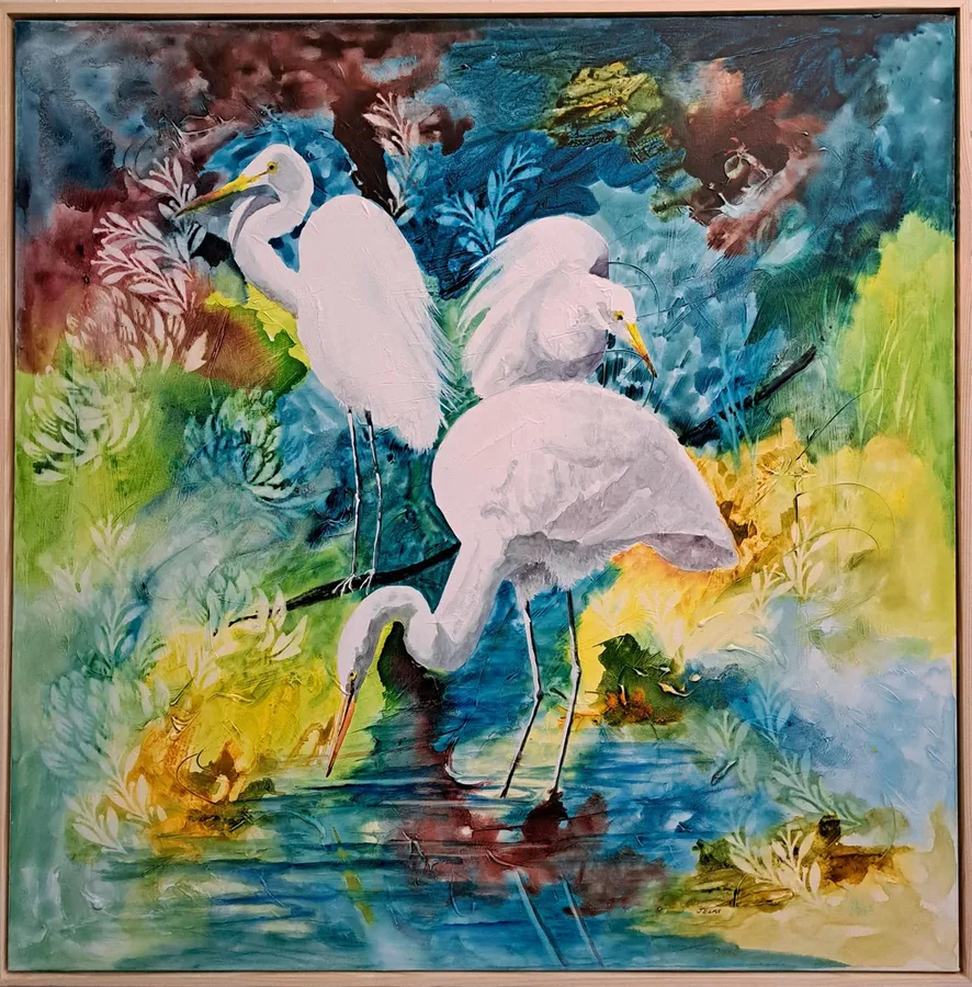 Egrets, a painting of three egrets in water by Jenny Elks