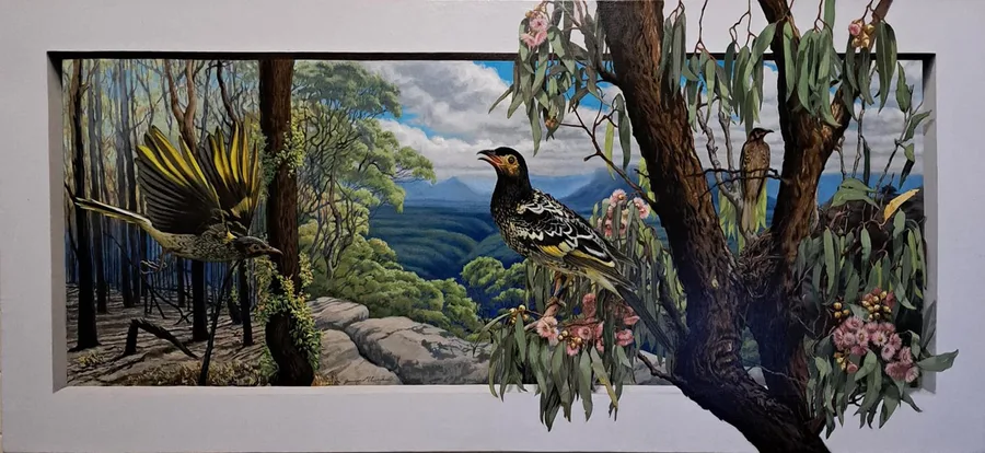 Singing for Survival, a wide acrylic painting of regent honeyeaters by Jenny McCracken